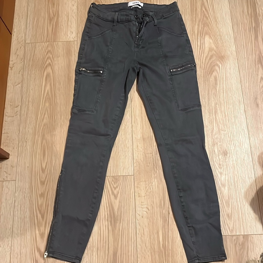 Pistola dark grey stretch multiple zipper and pockets denim jeans